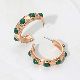 Bead Embellished Hammered Metal Hoop Earrings