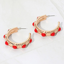 Bead Embellished Hammered Metal Hoop Earrings