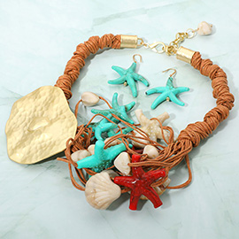 Bold Ceramic Starfish Seashell Charm Wax Cord Beaded Statement Necklace