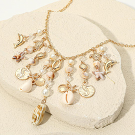 Shell Pearl Seahorse Dolphin Starfish Beaded Drop Station Necklace