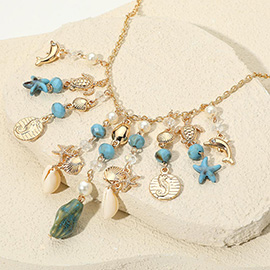 Shell Pearl Seahorse Dolphin Starfish Beaded Drop Station Necklace