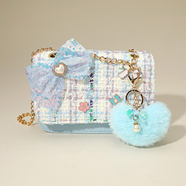 HOT FOCUS - Kids Fuzzy Plush Heart Charm Bow Pearl Flower Butterfly Charm Embellished Tweed Crossbody Bag