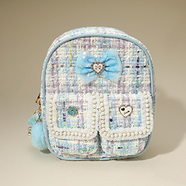 HOT FOCUS - Kids Pearl Bow Heart Charm Embellished Tweed Mini Backpack