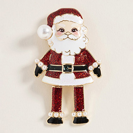 Pearl Accent Glittered Santa Pin Brooch