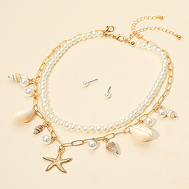 2PCS - Starfish Shell Pearl Charm Paper Clip Chain Pearl Layered Necklaces