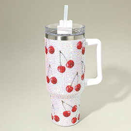 Bling Studded Cherry Pattern 40oz Stainless Steel Tumbler with Handle