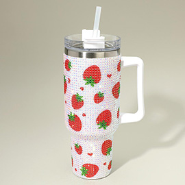 Bling Studded Strawberry Pattern 40oz Stainless Steel Tumbler with Handle