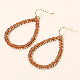 Faux Leather Wrapped Beaded Edge Open Teardrop Dangle Earrings