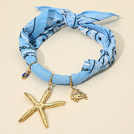 Textured Metal Starfish Conch Shell Crab Charm Nautical Print Fabric Wrap Statement Necklace