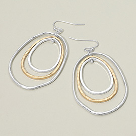 Hammered Worn Metal Layered Oval Dangle Earrings