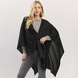 Asymmetrical Hem Solid Pull Through Draped Tie-Front Wrap Poncho