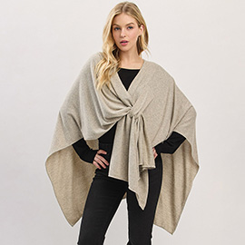 Asymmetrical Hem Solid Pull Through Draped Tie-Front Wrap Poncho