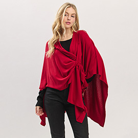 Asymmetrical Hem Solid Pull Through Draped Tie-Front Wrap Poncho