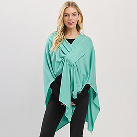 Asymmetrical Hem Solid Pull Through Draped Tie-Front Wrap Poncho