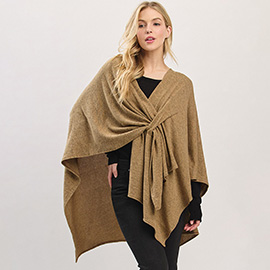 Asymmetrical Hem Solid Pull Through Draped Tie-Front Wrap Poncho