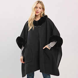 Faux Fur Trim Toggle Clasp Front Cape Wrap Poncho