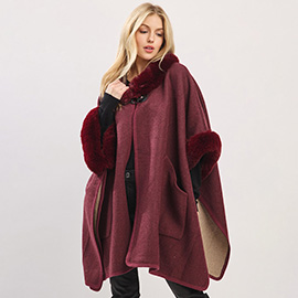 Faux Fur Trim Toggle Clasp Front Cape Wrap Poncho