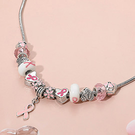 Pink Ribbon Charm Accent Multi Beaded Necklace