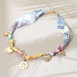 Heart Sun Pearl Disc Charm Fabric Necklace