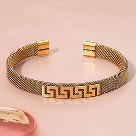 Stainless Steel Greek Key Pattern Accent Mesh Cuff Bracelet