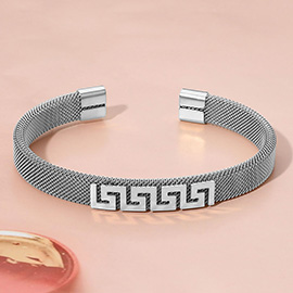 Stainless Steel Greek Key Pattern Accent Mesh Cuff Bracelet