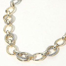 14K Gold Plated Two Tone Textured Oval Link Chunky Chain Necklace