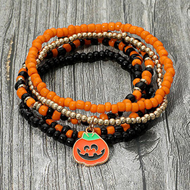 5PCS - Halloween Pumpkin Charm Accent Seed Beaded Stretch Multi Layered Bracelets