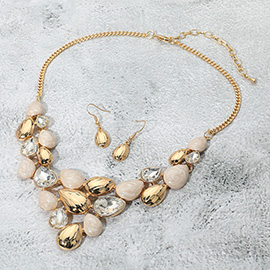 Marbled Metal Teardrop Stone Embellished Plated Statement Necklace