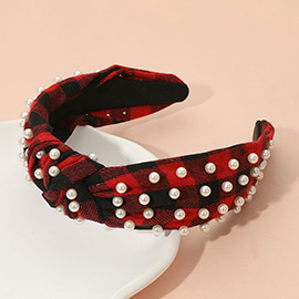 Pearl Embellished Holiday Plaid Knot Headband