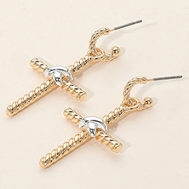 Two Tone Twisted Knot Metal Cross Dangle Earrings