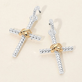 Two Tone Twisted Knot Metal Cross Dangle Earrings