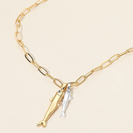 Double Fish Pendant Paperclip Chain Necklace