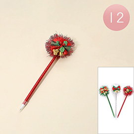 12PCS - Christmas Bow Jingle Bell Tinsel Topper Ball Pens