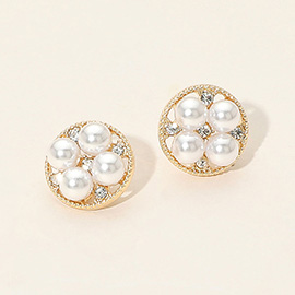 Stone Accent Pearl Cluster Round Stud Earrings