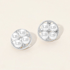 Stone Accent Pearl Cluster Round Stud Earrings