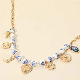 Heart Clover Flower Bow Western Hat Boot Charm Floral Ceramic Ball Beaded Necklace