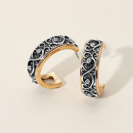 Stone Accented Antique Metal Filigree Hoop Earrings