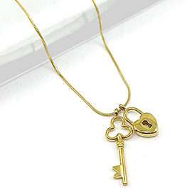 Stainless Steel Heart Lock Clover Key Pendant Necklace