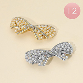12PCS - Pearl Rhinestone Bow Barrettes
