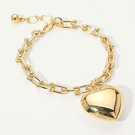 Gold Dipped Industrial Link Chain Puffy Heart Charm Bracelet