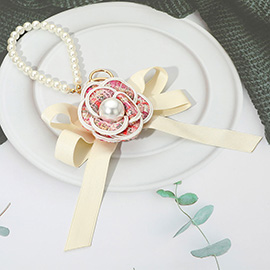 Pearl Accent Floral Bow Keychain / Bag Charm