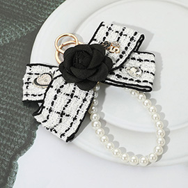 Stone Cluster Embellished Floral Tweed Bow Pearl Wristlet Keychain / Bag Charm