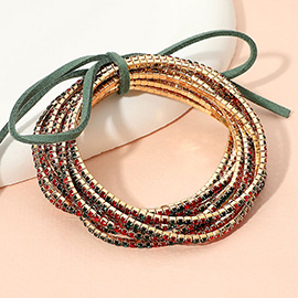 12PCS - Ribbon Colorful Rhinestone Layered Stretch Bracelets