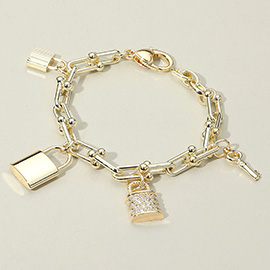14K Gold Plated CZ Stone Paved Lock Key Charm Station Industrial Chain Link Bracelet
