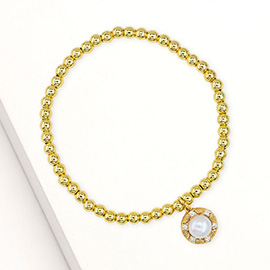 Stainless Steel CZ Stone Rim Pearl Charm Stretch Bracelet