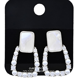 White Gold Dipped CZ Stone Pearl Embellished Geometric Earrings