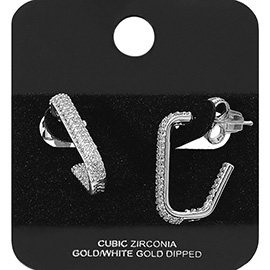 White Gold Dipped CZ Stone Paved Geometric Hoop Earrings