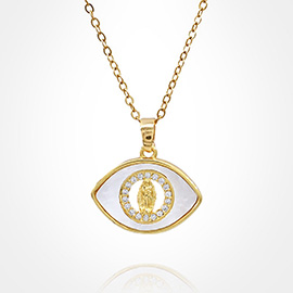 Stainless Steel Mother of Pearl CZ Stone Rim Virgin Mary Accent Evil Eye Pendant Necklace