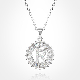 -R- Stainless Steel CZ Stone Embellished Round Initial Monogram Pendant Necklace