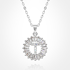 -T- Stainless Steel CZ Stone Embellished Round Initial Monogram Pendant Necklace